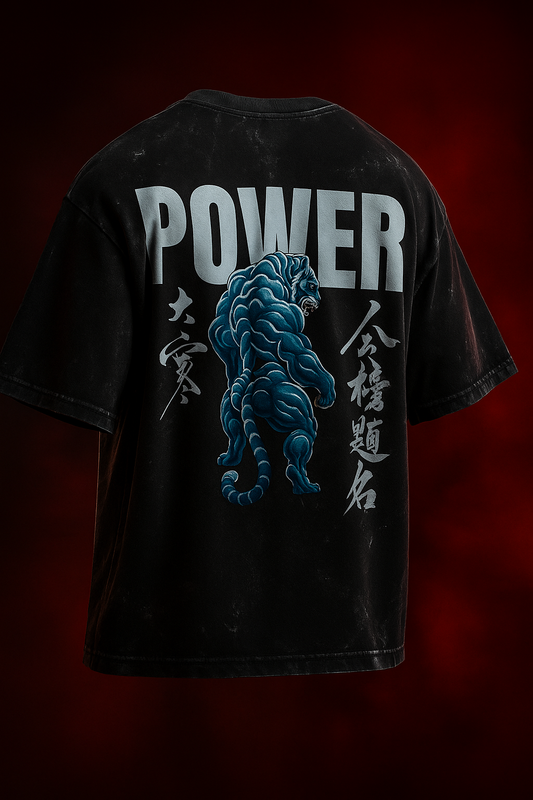 Black t-shirt with blue tiger graphic and  text on a dark background